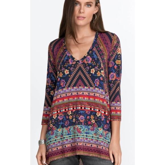 Johnny Was Tops - Johnny Was Cruz V-Neck Swing Tunic Top Small Boho Floral Print  Casual Comfort